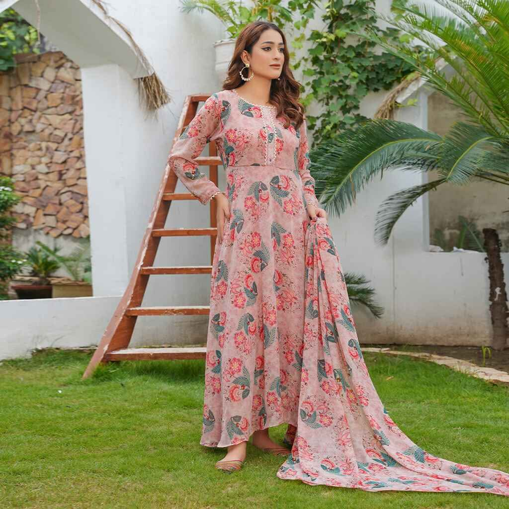 Imported Print Shaffon Maxi 3 pis With Shaffon 2.5 Meter printed Dupatta